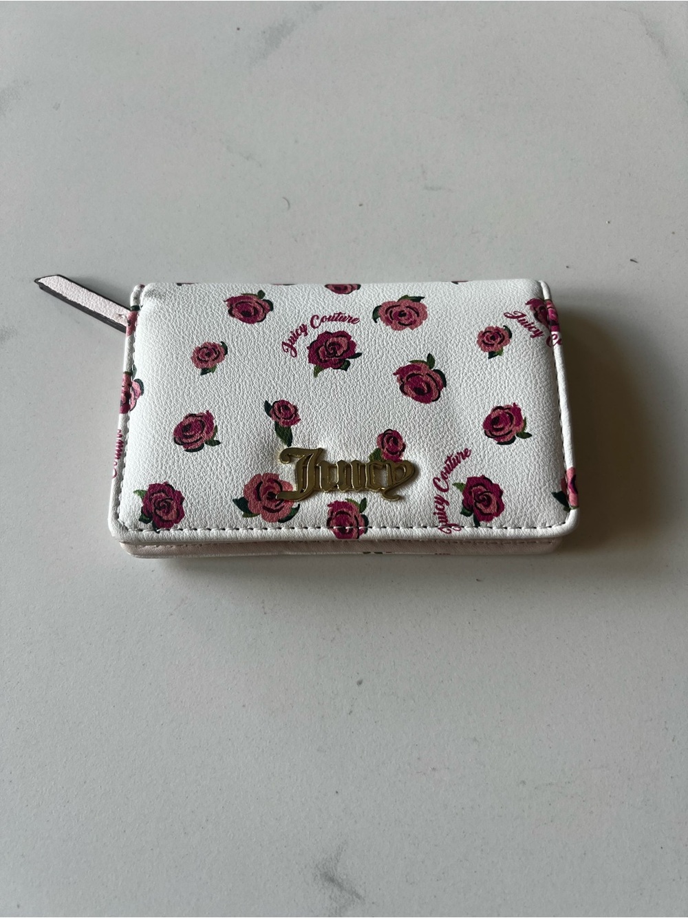 Juicy Couture White Card Holder with Pink Rose Print and Gold Logo